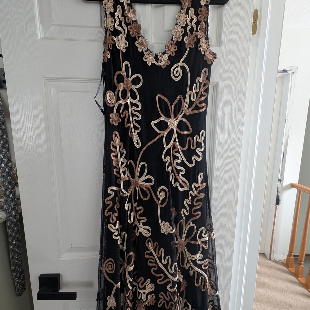 Vintage Black Midi Dress with Cream Floral Accents